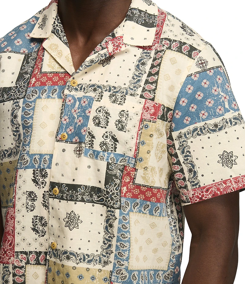 Lucky Brand Short Sleeve Paisley Printed Linen Blend Camp Collar Shirt