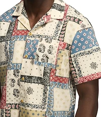 Lucky Brand Short Sleeve Paisley Printed Linen Blend Camp Collar Shirt