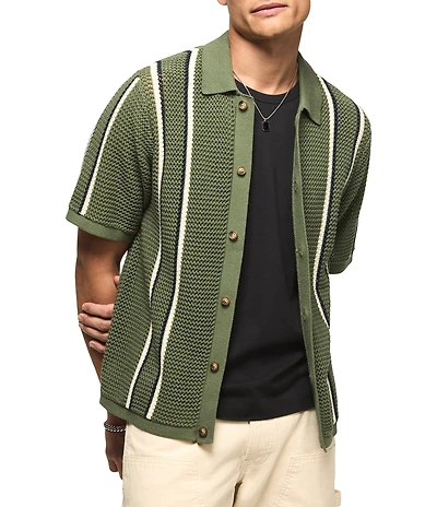 Lucky Brand Short Sleeve Striped Button Front Sweater