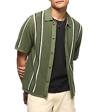 Lucky Brand Short Sleeve Striped Button Front Sweater