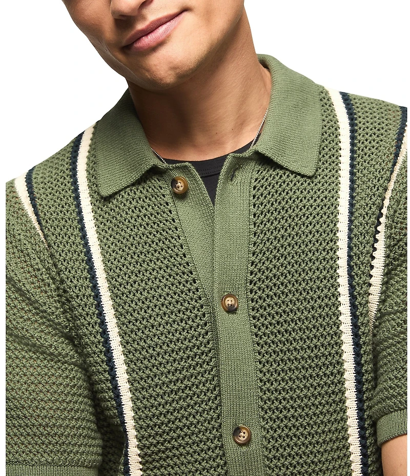 Lucky Brand Short Sleeve Striped Button Front Sweater