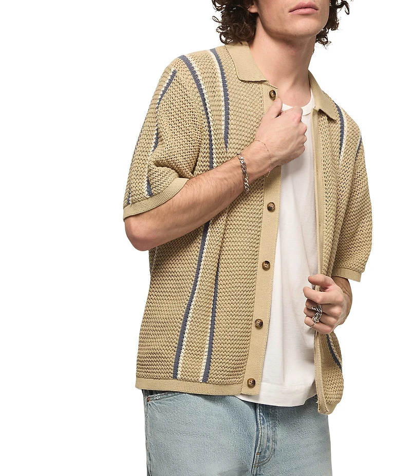 Lucky Brand Short Sleeve Striped Button Front Sweater