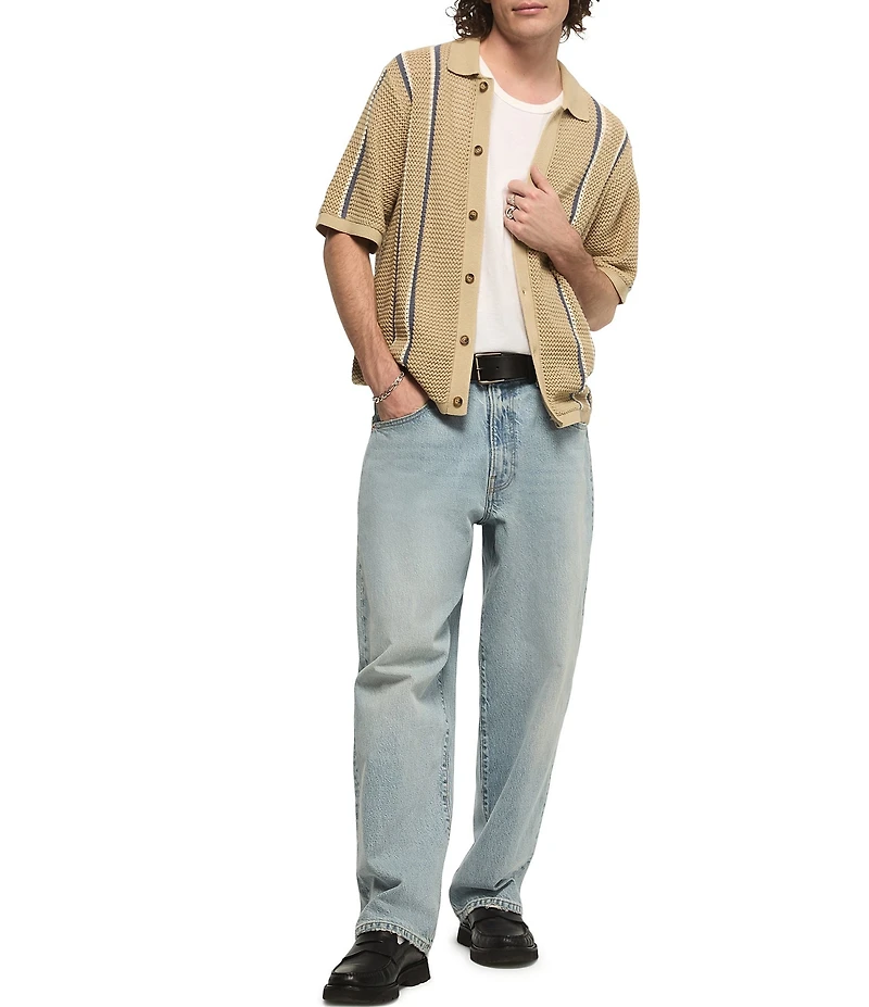 Lucky Brand Short Sleeve Striped Button Front Sweater