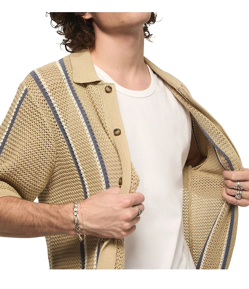 Lucky Brand Short Sleeve Striped Button Front Sweater