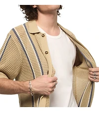 Lucky Brand Short Sleeve Striped Button Front Sweater