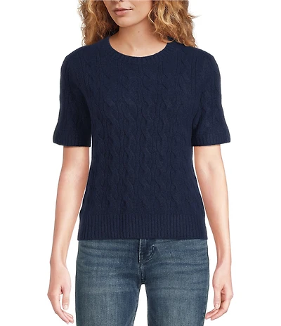 Lucky Brand Soft Bamboo Cable Knit Round Neck Short Sleeve Sweater
