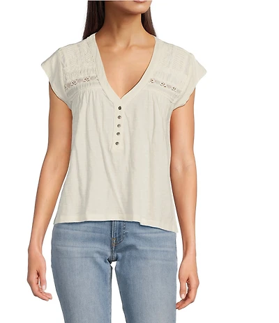Lucky Brand Solid V-Neck Cap Sleeve Lace Trimmed Henley Tee