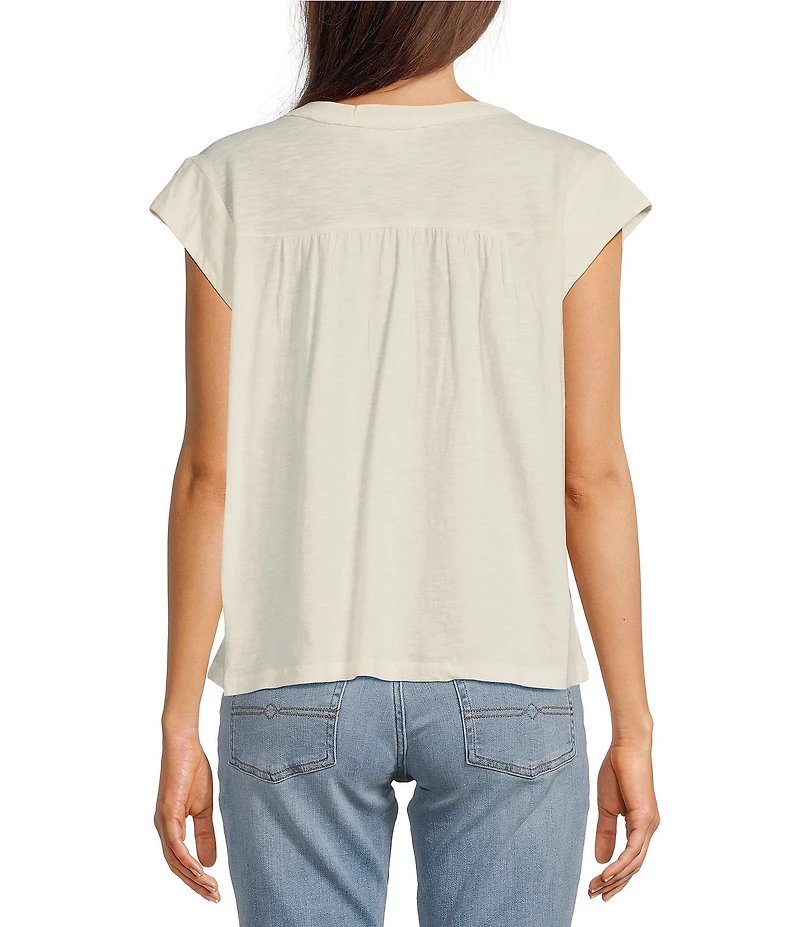 Lucky Brand Solid V-Neck Cap Sleeve Lace Trimmed Henley Tee