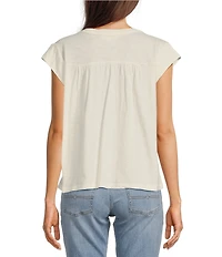 Lucky Brand Solid V-Neck Cap Sleeve Lace Trimmed Henley Tee