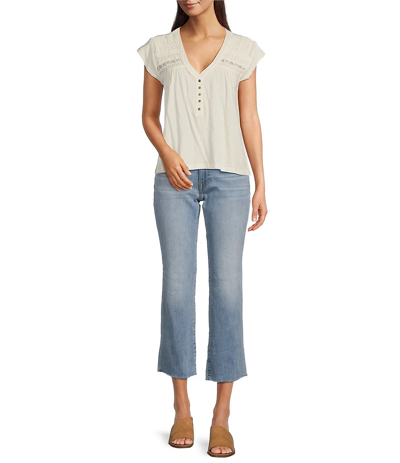 Lucky Brand Solid V-Neck Cap Sleeve Lace Trimmed Henley Tee