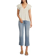 Lucky Brand Solid V-Neck Cap Sleeve Lace Trimmed Henley Tee