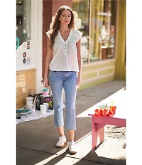 Lucky Brand Solid V-Neck Cap Sleeve Lace Trimmed Henley Tee