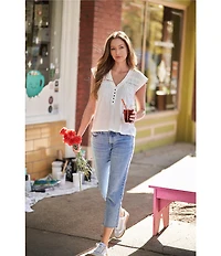 Lucky Brand Solid V-Neck Cap Sleeve Lace Trimmed Henley Tee