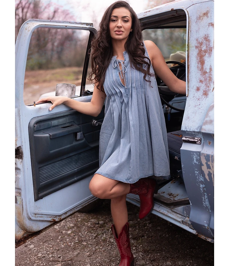 Lucky Brand Split Round Neck Front Tie Sleeveless Mini Dress