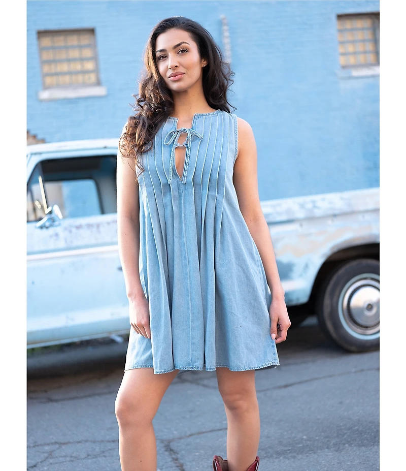 Lucky Brand Split Round Neck Front Tie Sleeveless Mini Dress