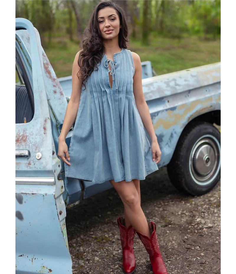 Lucky Brand Split Round Neck Front Tie Sleeveless Mini Dress
