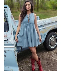 Lucky Brand Split Round Neck Front Tie Sleeveless Mini Dress