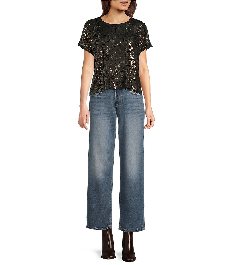 Lucky Brand Stretch Knit Sequin Crew Neck Short Sleeve Tee