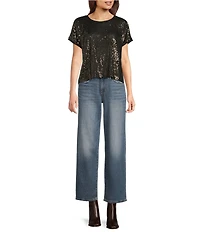 Lucky Brand Stretch Knit Sequin Crew Neck Short Sleeve Tee