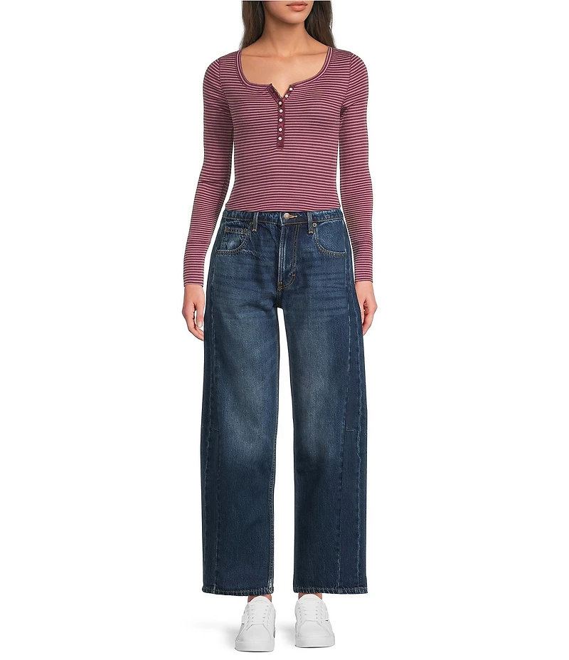 Lucky Brand Striped Ribbed Knit Round Neck Long Sleeve Pointelle Henley Top