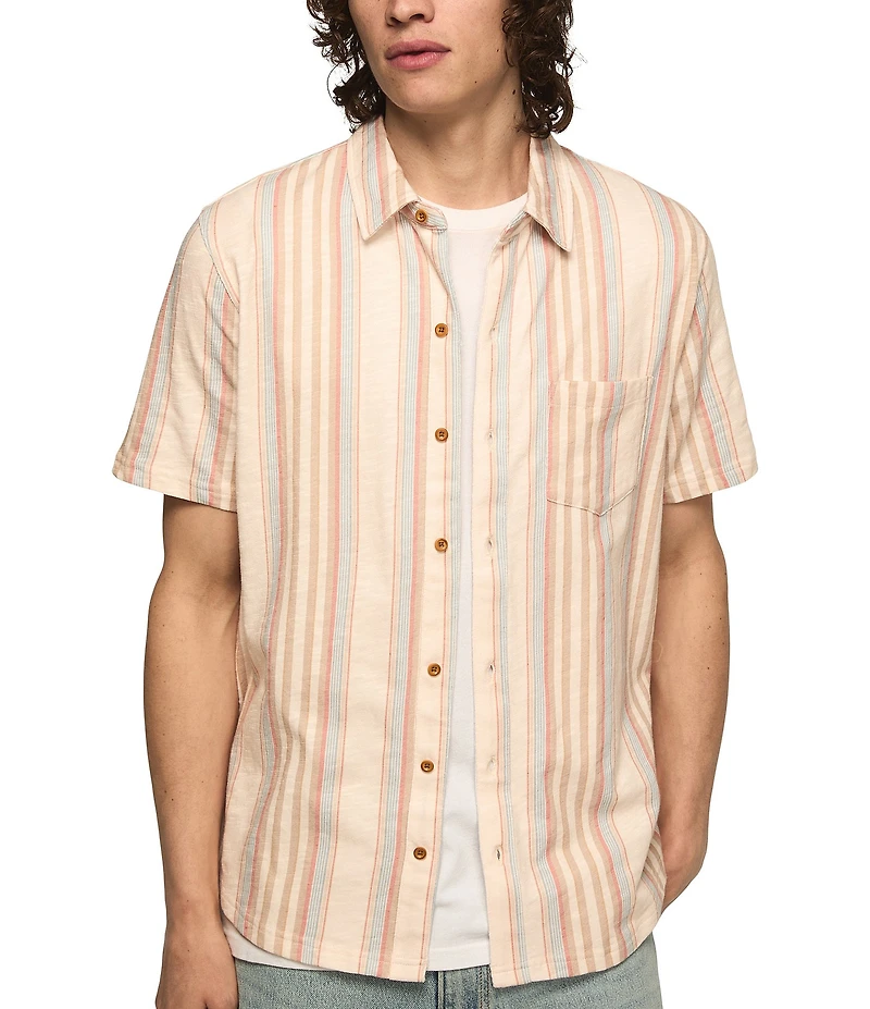 Lucky Brand Striped Short Sleeve Linen-Blend Shirt