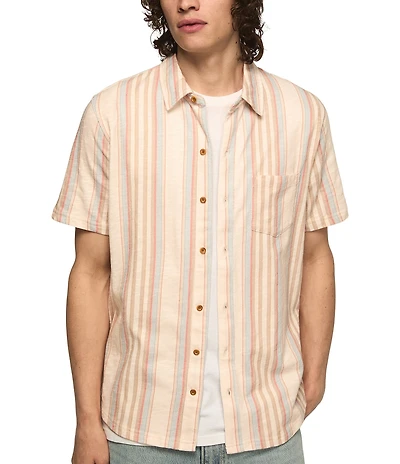 Lucky Brand Striped Short Sleeve Linen-Blend Shirt