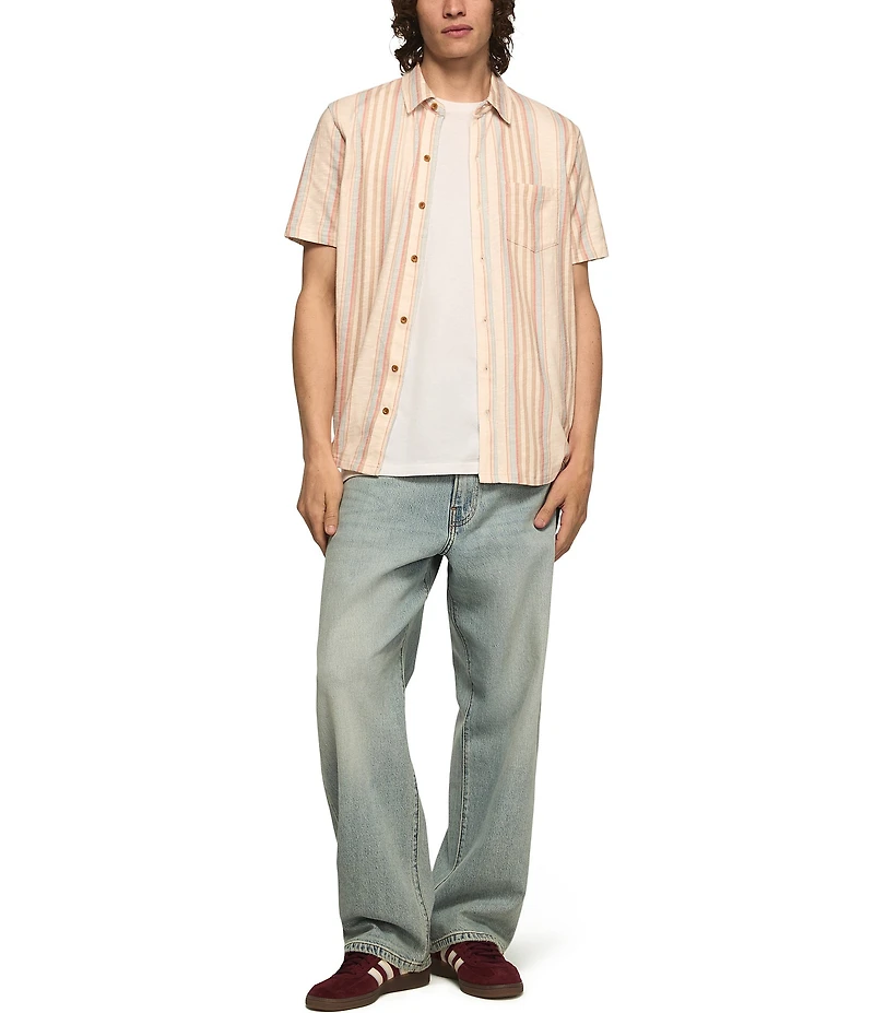 Lucky Brand Striped Short Sleeve Linen-Blend Shirt