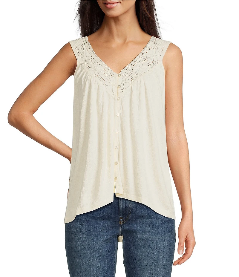 Lucky Brand V-Neck Sleeveless Lace Trim Top