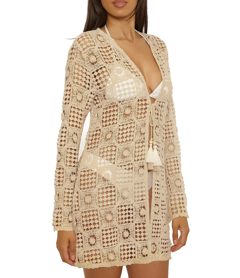 Lucky Brand Verona Printed Crochet Twisted Tassel Tie Front Tunic Swim Cover-Up