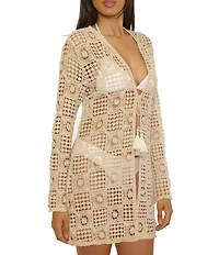 Lucky Brand Verona Printed Crochet Twisted Tassel Tie Front Tunic Swim Cover-Up