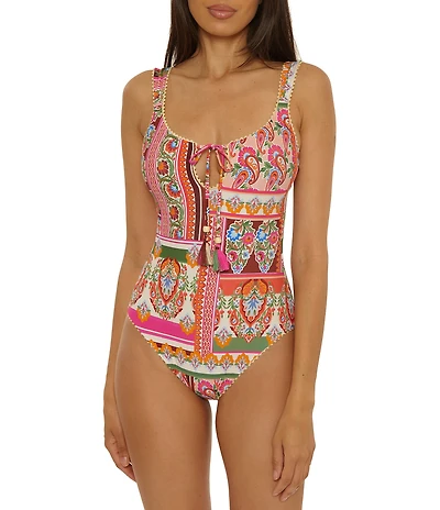 Lucky Brand Verona Printed Stretch Pom Pom One Piece Swimsuit