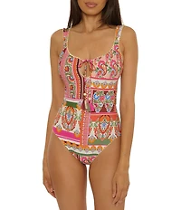 Lucky Brand Verona Printed Stretch Pom Pom One Piece Swimsuit