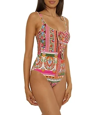 Lucky Brand Verona Printed Stretch Pom Pom One Piece Swimsuit