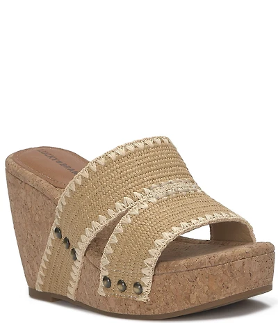 Lucky Brand Vickta Woven Detail Studded Banded Cork Wedge Slide Sandals