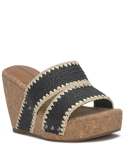 Lucky Brand Vickta Woven Detail Studded Banded Cork Wedge Slide Sandals