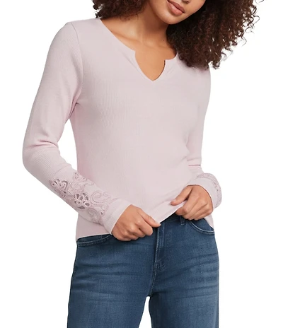 Lucky Brand Waffle Knit Floral Cut Work Notch Neck Long Sleeve Top