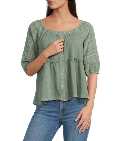Lucky Brand Woven Eyelet Round Neck Short Sleeve Top