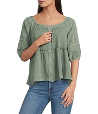 Lucky Brand Woven Eyelet Round Neck Short Sleeve Top