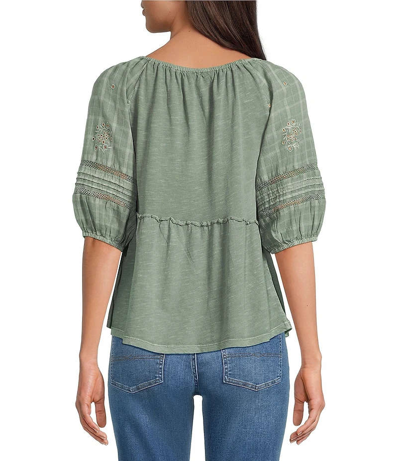 Lucky Brand Woven Eyelet Round Neck Short Sleeve Top
