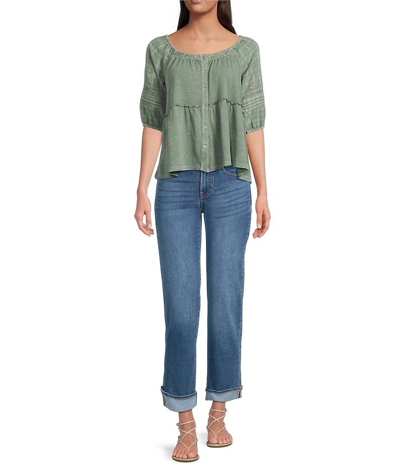 Lucky Brand Woven Eyelet Round Neck Short Sleeve Top