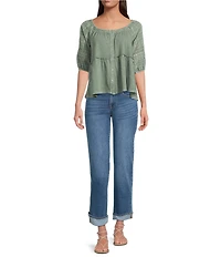 Lucky Brand Woven Eyelet Round Neck Short Sleeve Top