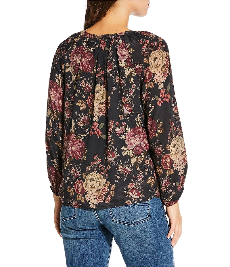 Lucky Brand Woven Floral Print Crew Neck Long Sleeve Peasant Top