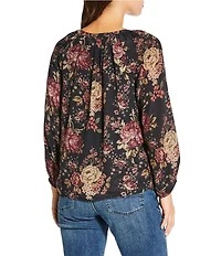 Lucky Brand Woven Floral Print Crew Neck Long Sleeve Peasant Top
