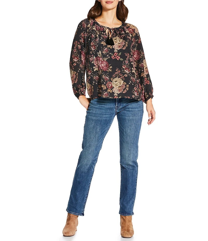 Lucky Brand Woven Floral Print Crew Neck Long Sleeve Peasant Top