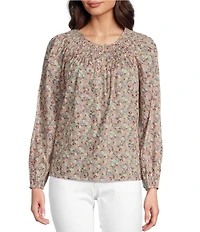 Lucky Brand Woven Floral Print Crew Neck Long Sleeve Smocked Button Front Blouse