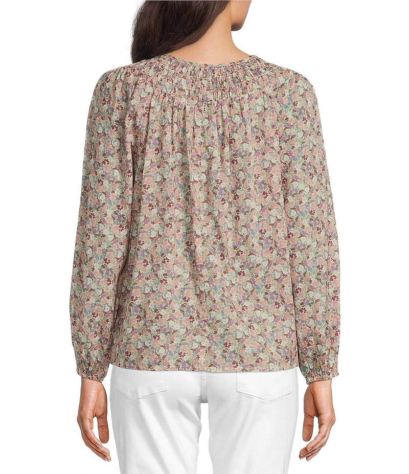 Lucky Brand Woven Floral Print Crew Neck Long Sleeve Smocked Button Front Blouse