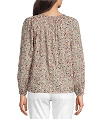 Lucky Brand Woven Floral Print Crew Neck Long Sleeve Smocked Button Front Blouse