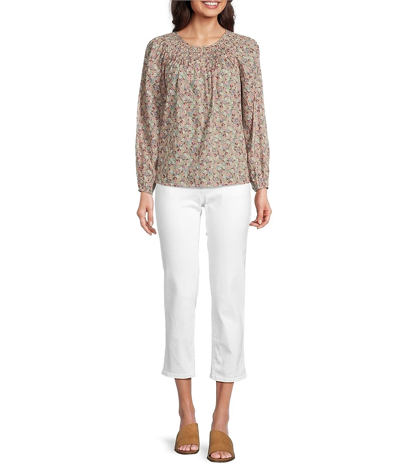 Lucky Brand Woven Floral Print Crew Neck Long Sleeve Smocked Button Front Blouse