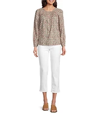 Lucky Brand Woven Floral Print Crew Neck Long Sleeve Smocked Button Front Blouse
