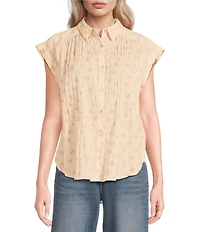 Lucky Brand Woven Floral Print Point Collar Cap Sleeve Button Down Shirt